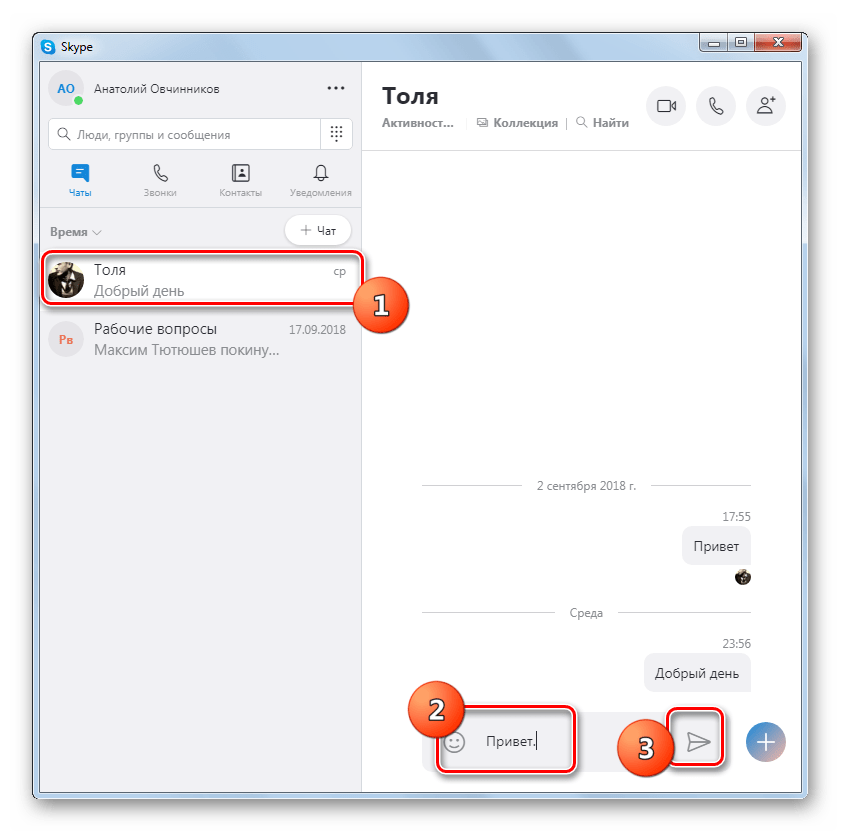 Проверка отправки сообщения в Skype 8