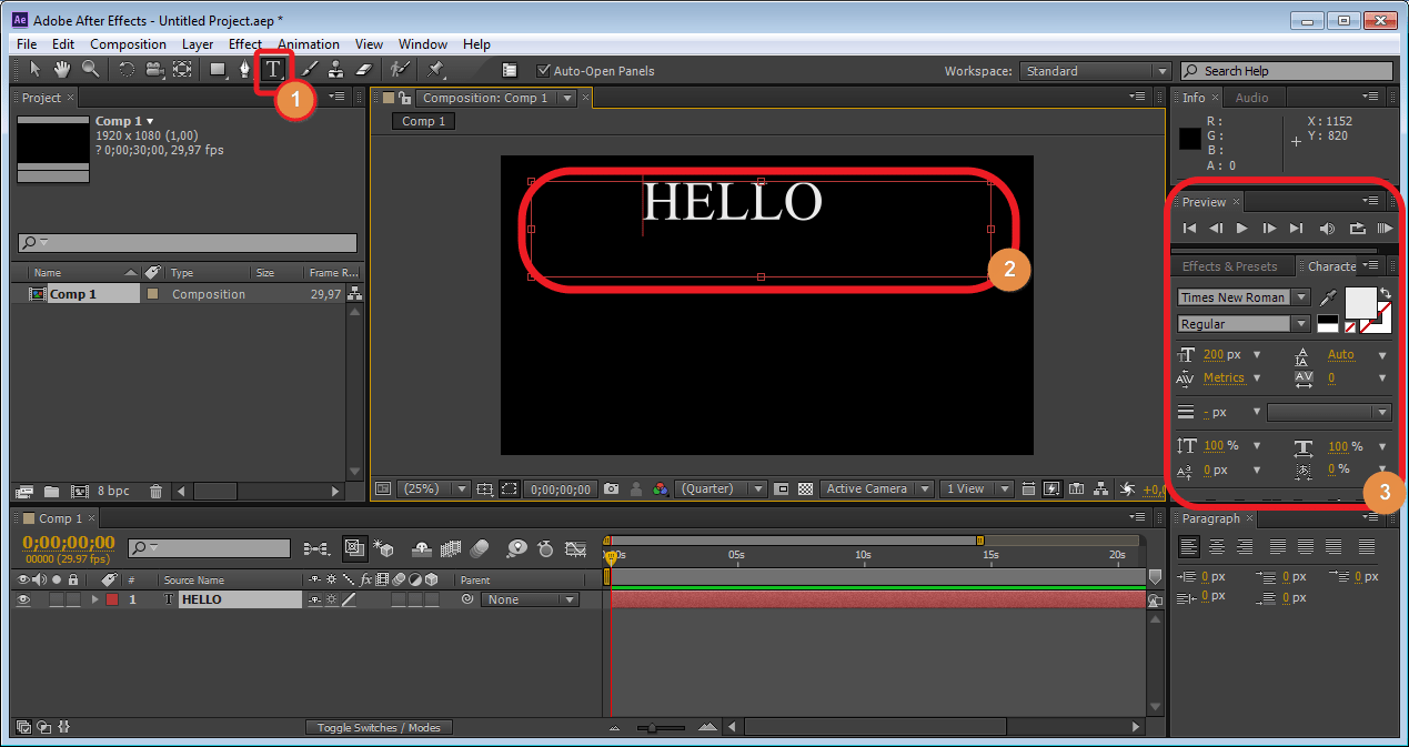Создание новой надписи в Adobe After Effects