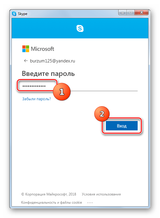 Введение пароля в окне программы Skype