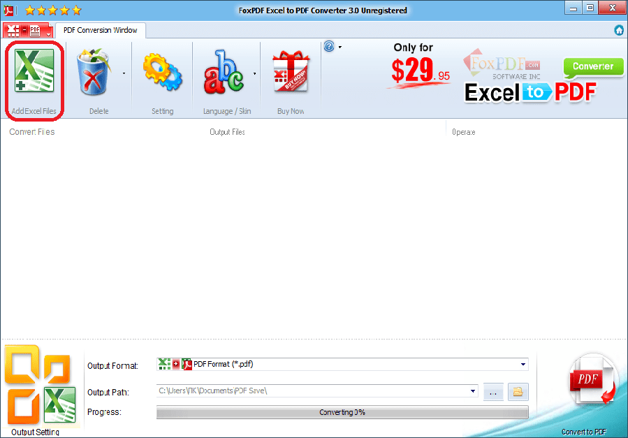 Добавление файла Excel в FoxPDF Excel to PDF Converter