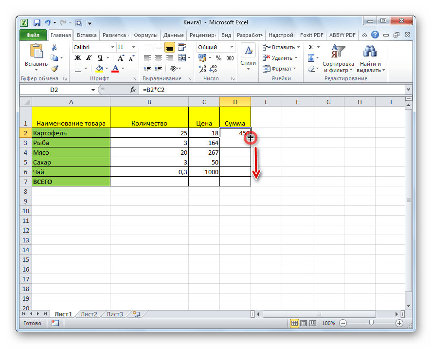 Копирование формулы другие ячейки в Microsoft Excel
