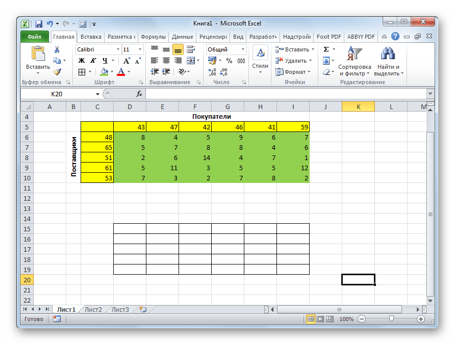 Макет таблицы для решения задачи в Microsoft Excel