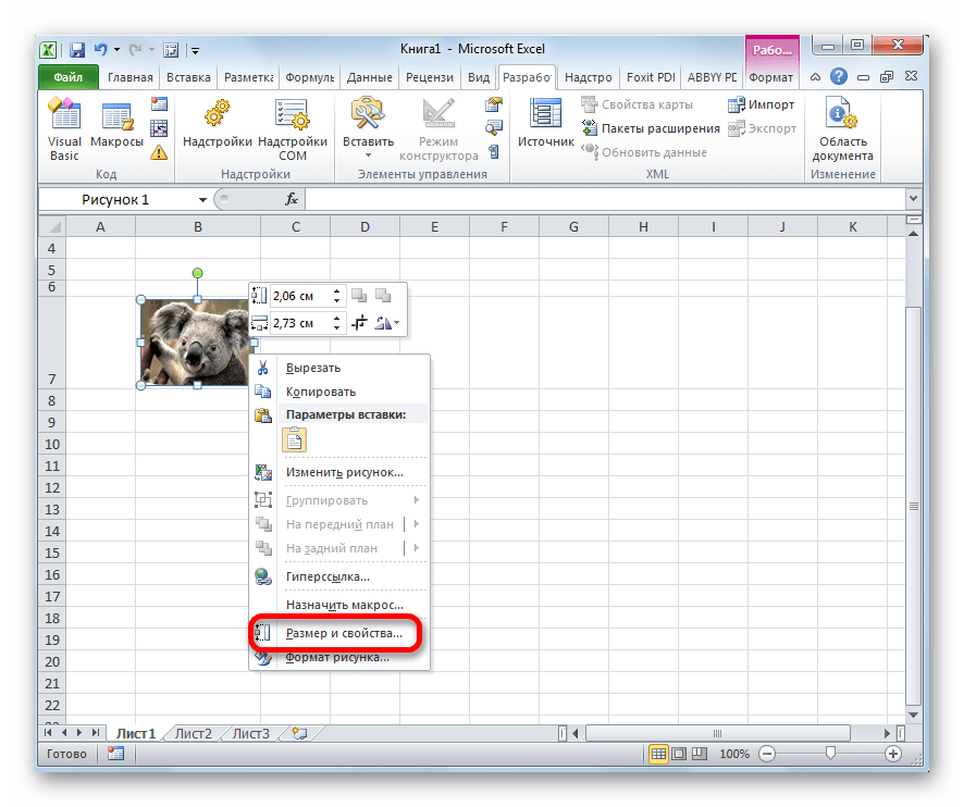 Переход в свойства изображения в Microsoft Excel