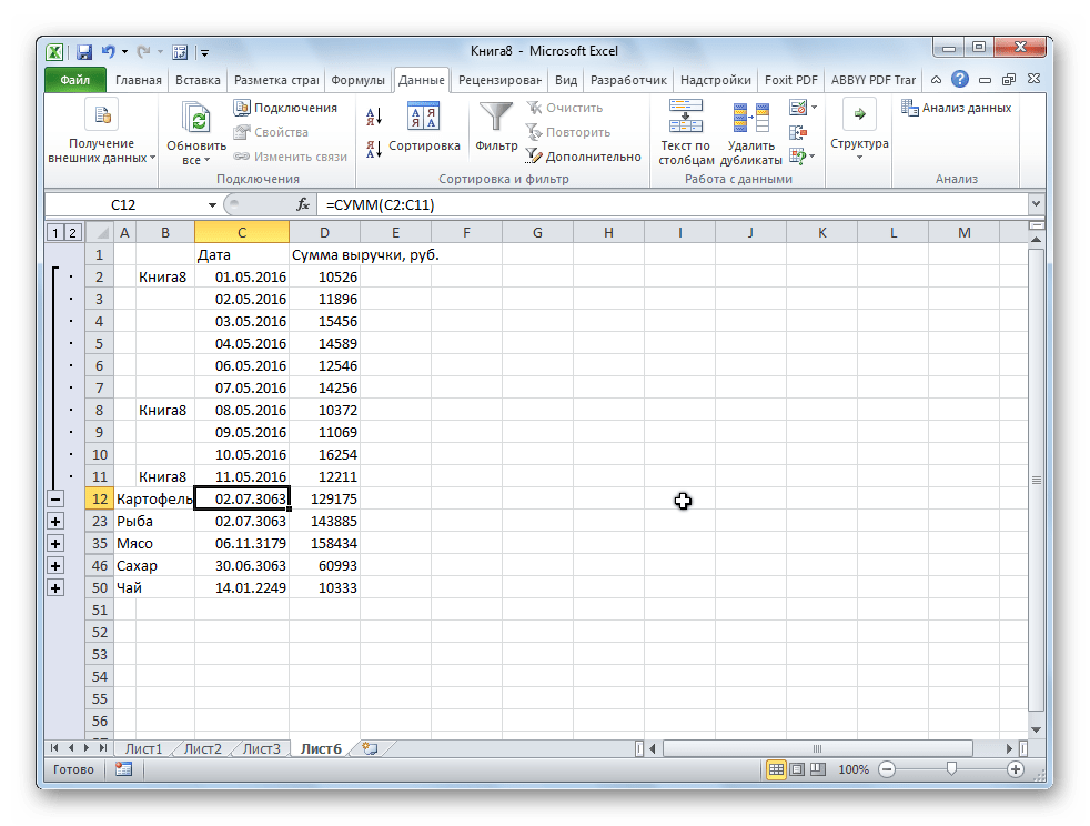 Содержимое группы группы консолидированной таблицы в Microsoft Excel