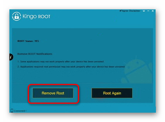 Удаление Root в программе Kingo Root