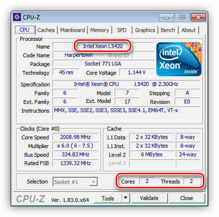 Информация о процессоре для теста браузеров в программе CPU-Z