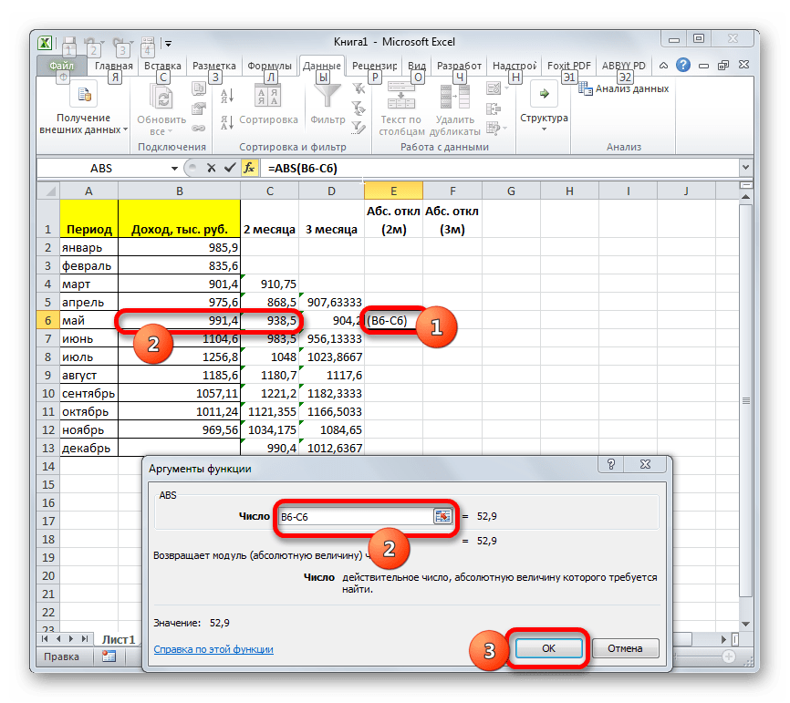 Аргументы функции ABS в Microsoft Excel