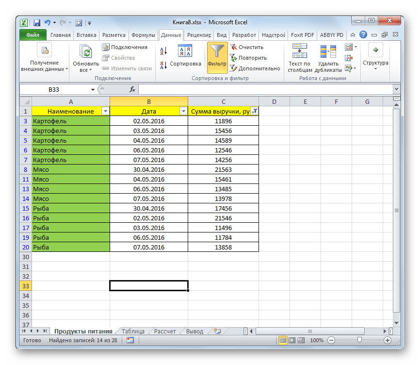 Фильтрация произведена в Microsoft Excel