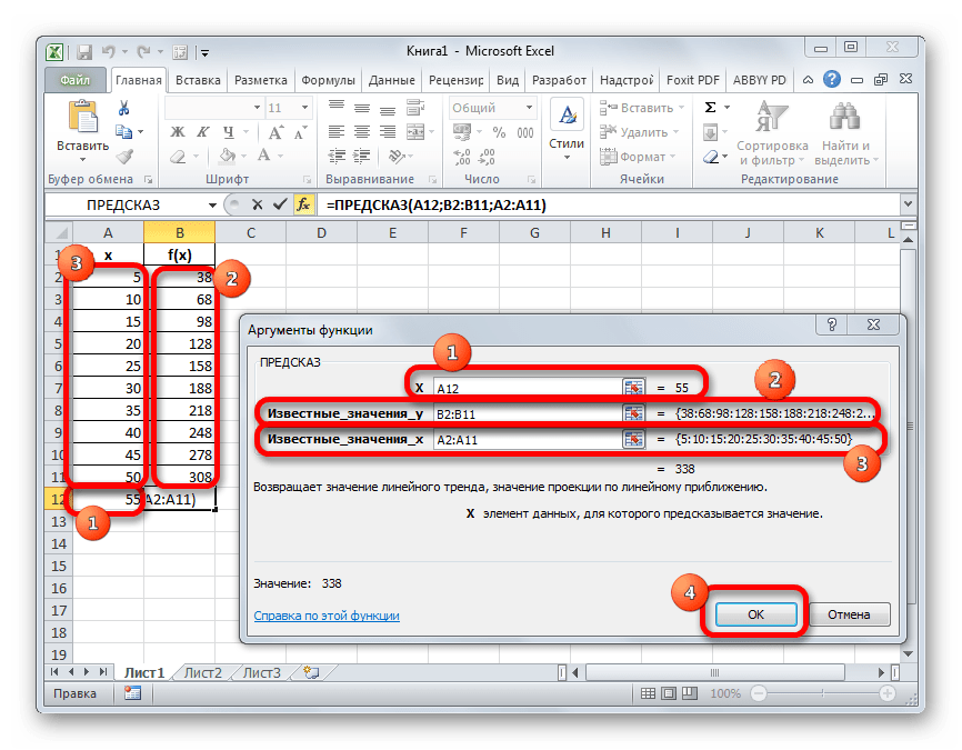 Окно аргументов функции ПРЕДСКАЗ в Microsoft Excel