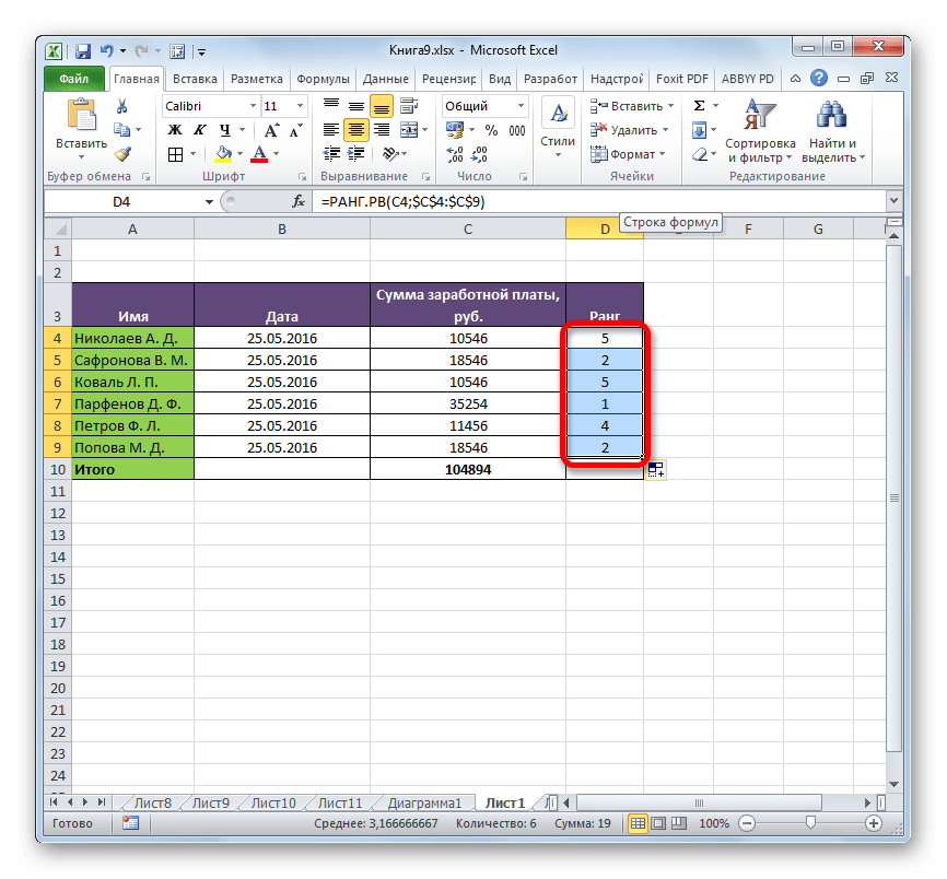 Ранжирование с помощью функции РАНГ.РВ в Microsoft Excel