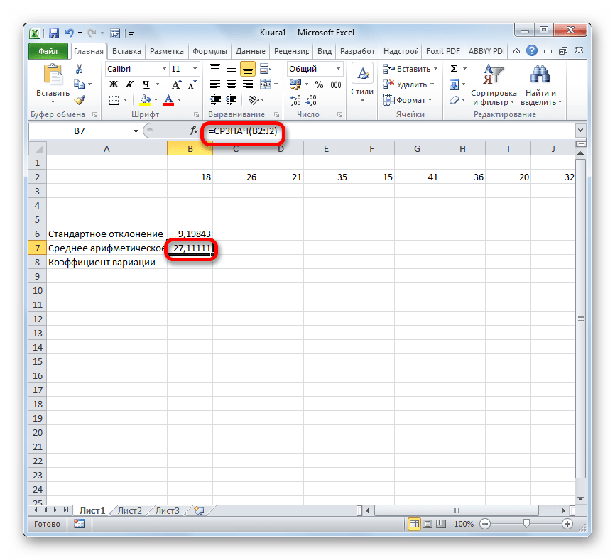 Результат расчета функции СРЗНАЧ в Microsoft Excel