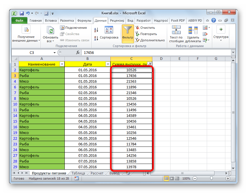 Результаты фильтрации в Microsoft Excel