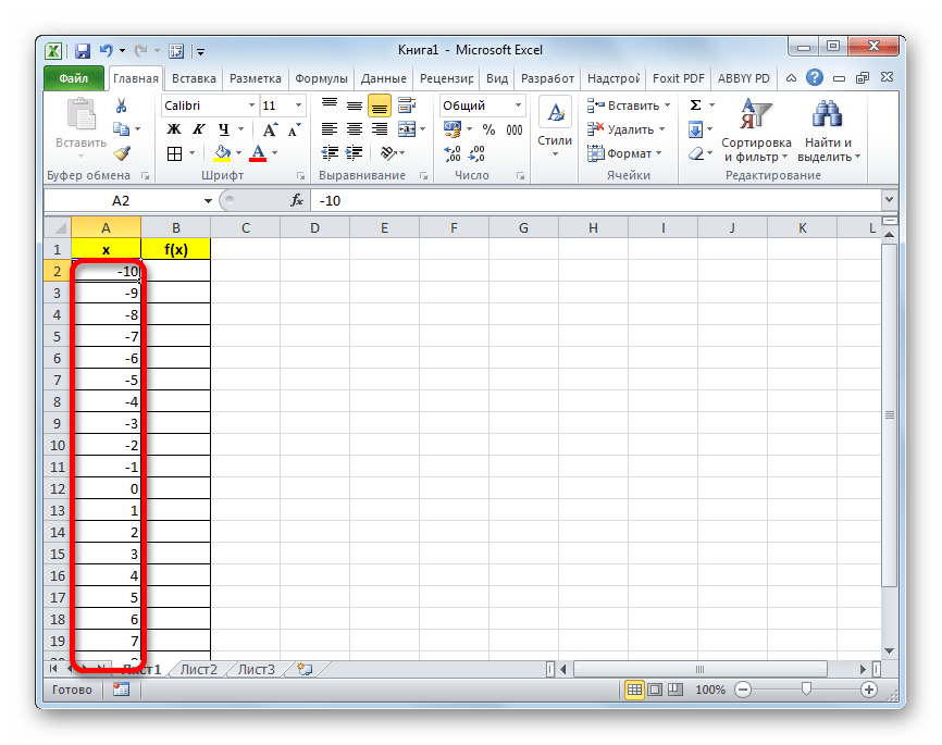 Столбец X заполнен значениями в Microsoft Excel