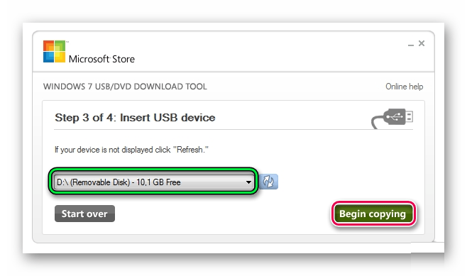 начало записи в Windows USBDVD Download Tool