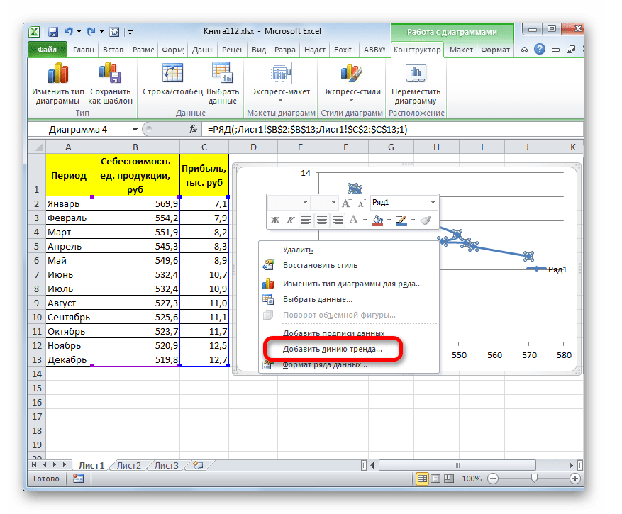 Добавление линии тренда через контекстное меню в Microsoft Excel