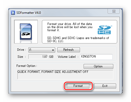 Кнопка Format в SDFormatter