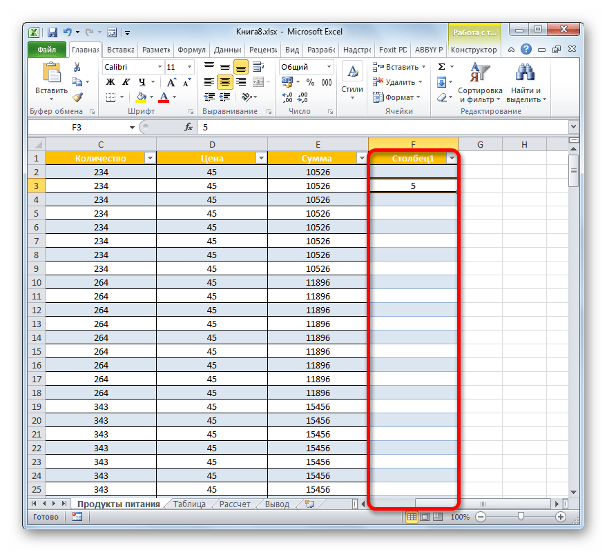 Новый столбец включен в состав таблицы в Microsoft Excel