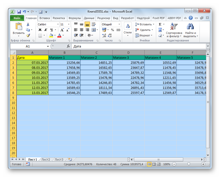 Ширина столбцов увеличена в Microsoft Excel