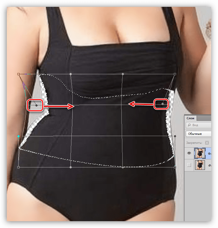 Сжатие участков изображения при помощи функции Деформация для уменьшения талии в Фотошопе