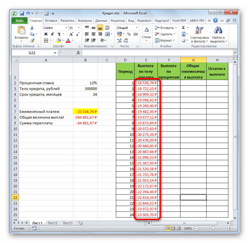 Величина оплаты тела кредита помесячно в Microsoft Excel