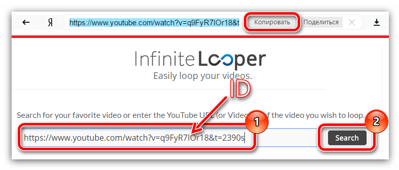 вставка ссылки с ютуба в поиск на infinite looper