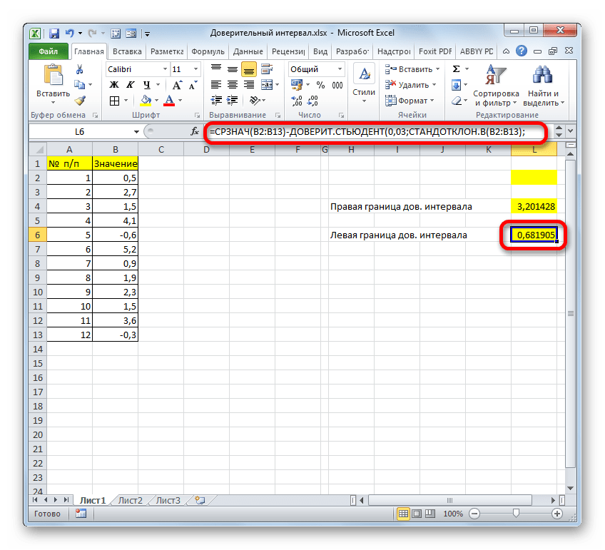 Левая граница доверительного интервала одной формулой в программе Microsoft Excel