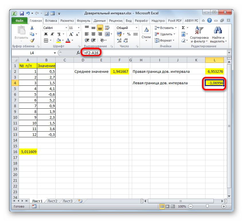 Левая граница доверительного интервала в Microsoft Excel