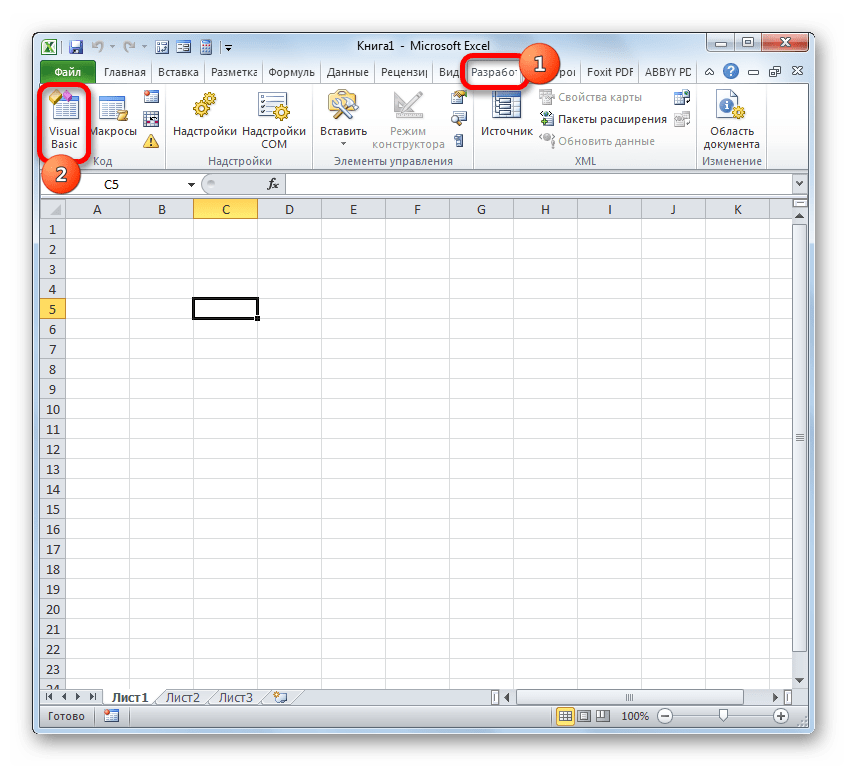 Переход в редактор макросов в Microsoft Excel