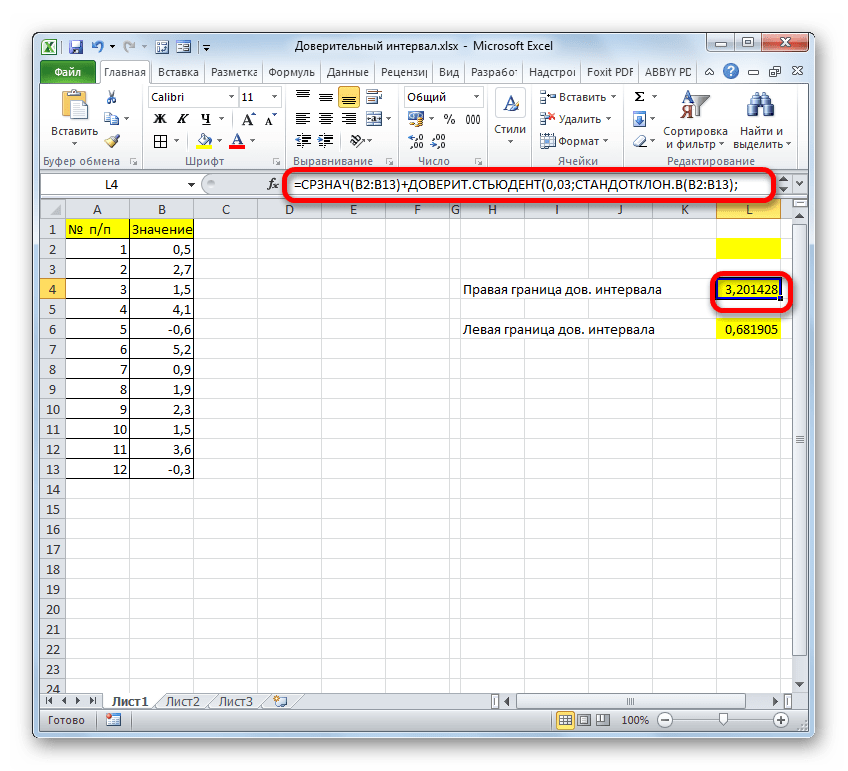 Правая граница доверительного интервала одной формулой в программе Microsoft Excel