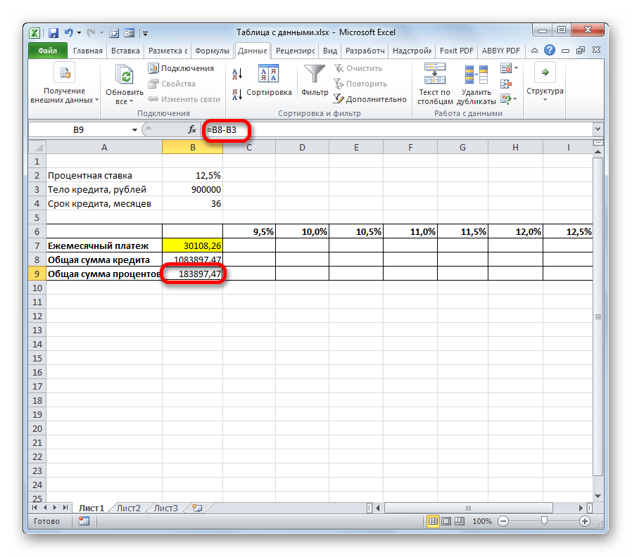 Расчет суммы процентов в Microsoft Excel