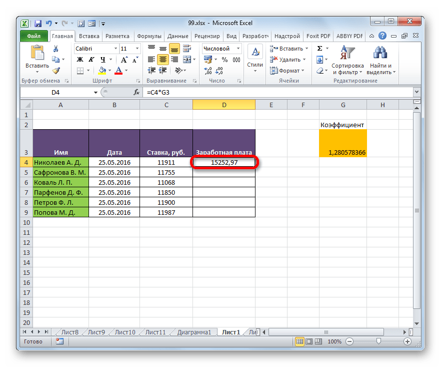 Результат расчета заработной платы для первого сотрудника в Microsoft Excel