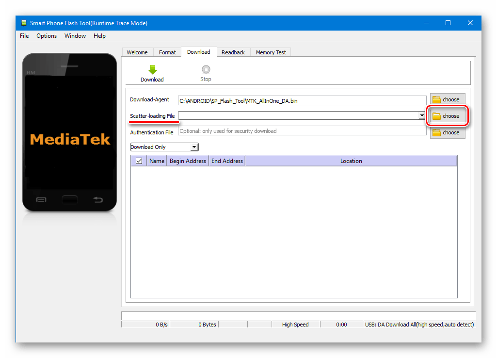 SP Flash Tool кнопка загрузки скаттер-файла