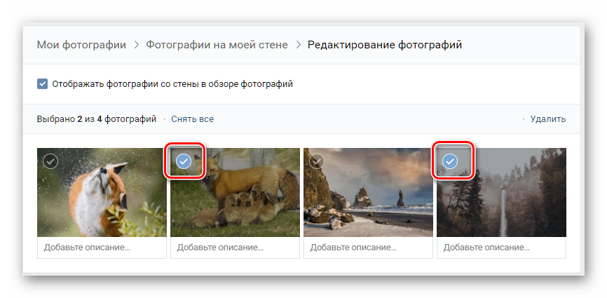 Выделение фотографий для удаления ВКонтакте