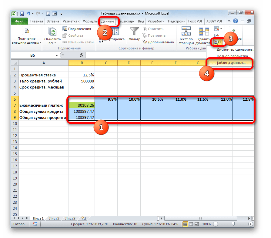 Запуск инструмента Таблица данных в Microsoft Excel