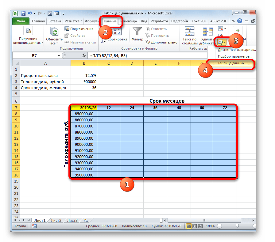 Запуск инструмента Таблица данных в программе Microsoft Excel