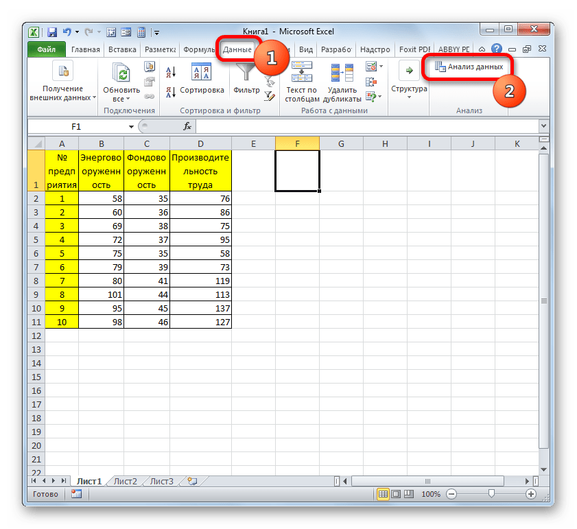 Запуск пакета анализа в Microsoft Excel