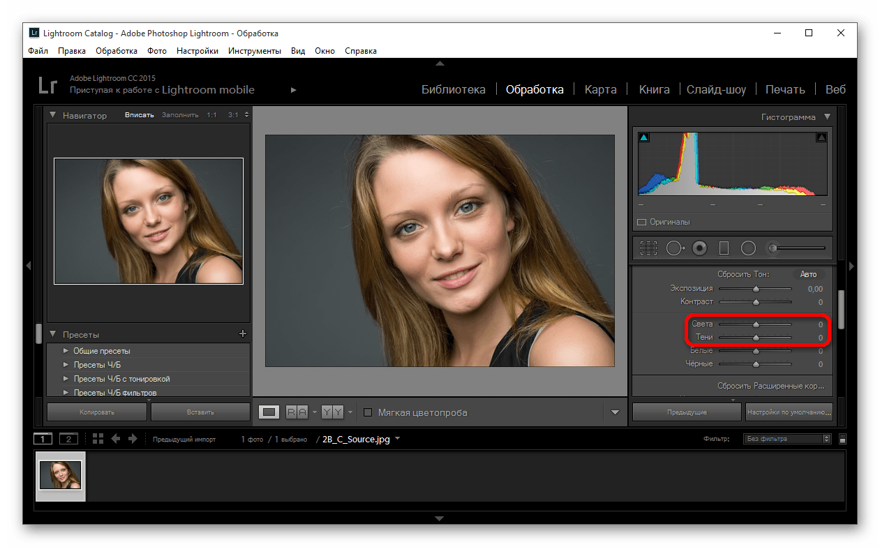 Изменение параметров тени и света фотографии в программе Adobe Photoshop Lightroom