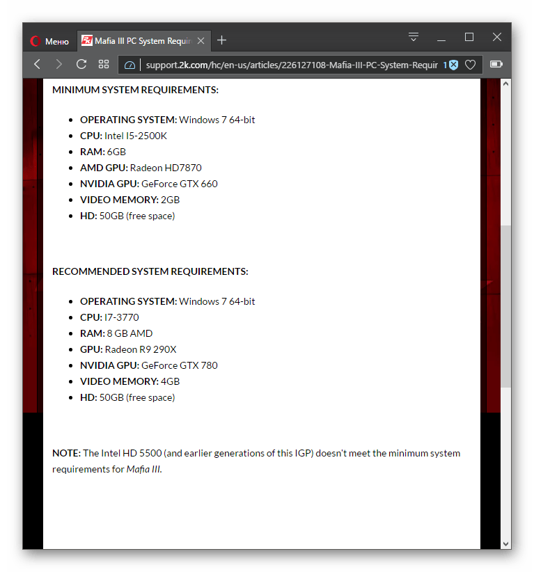Минимальные и рекомендуемые системные требования для игры Mafia III PC System Requirements на официальном сайте
