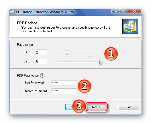Настройка выборки страниц и пароль от PDF в Extraction Wizard