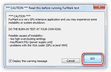Окно предупреждения после запуска стресс-теста графического процессора в программе Furmark