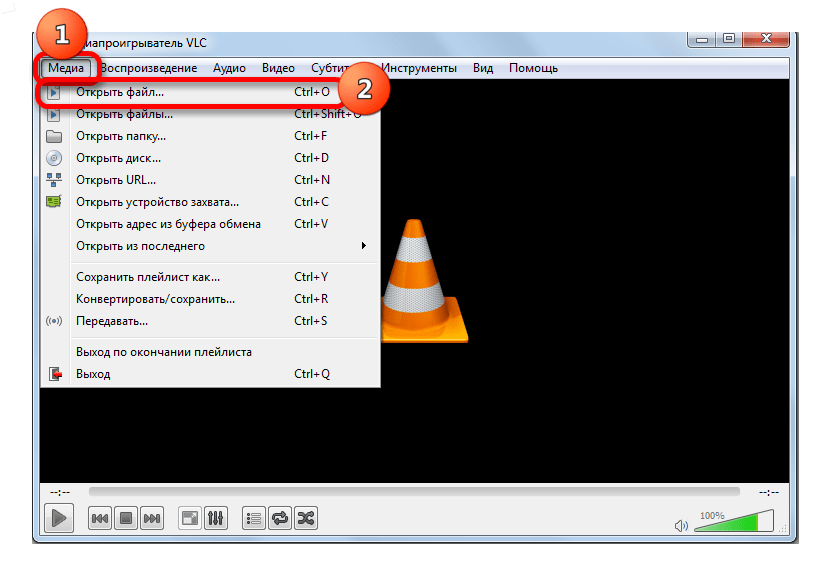 Переход в окно откртия файлов в программе VLC Media Player