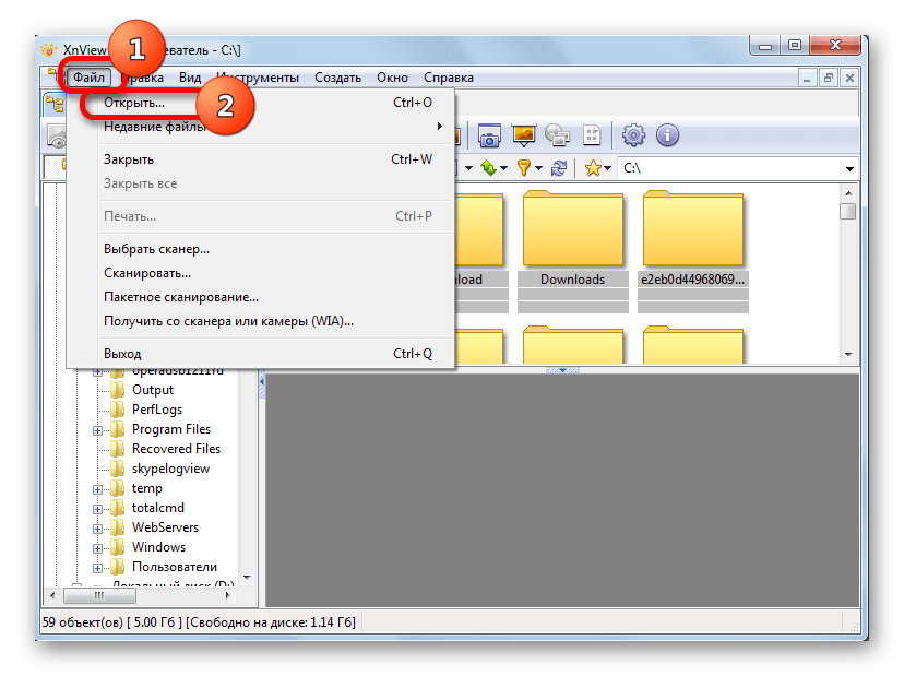 Переход в окно открытия файла в XnView