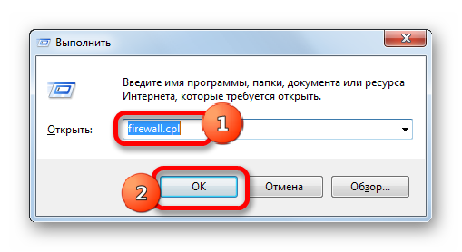 Переход в окно управления брандмауэром Windows с помощью команды в окне инструмента Выполнить в Windows 7