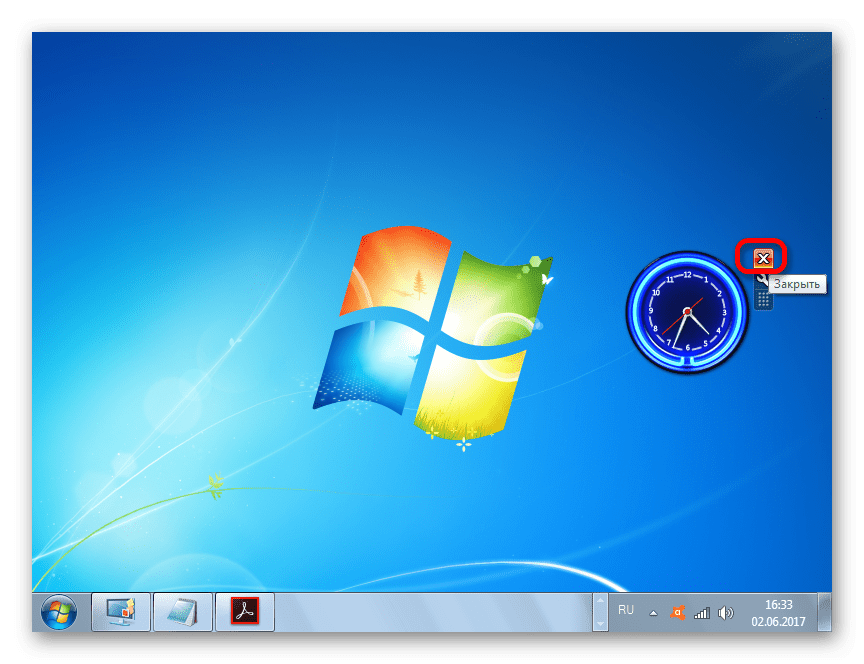 Удаление гаджета часов на рабочем столе в Windows 7
