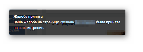 Успешная отправка стандартной формы жалобы на нарушителя ВКонтакте