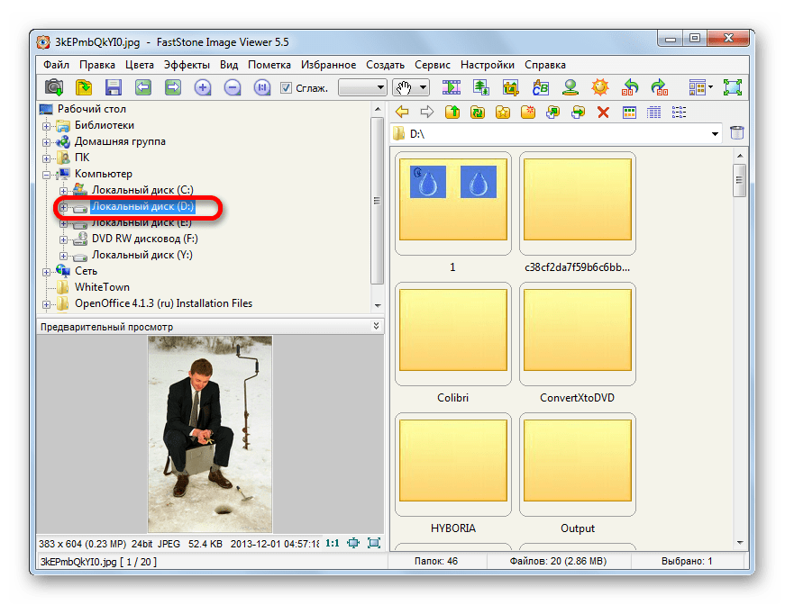 Выбор логического диска на древе каталогов файлового менеджера в программе FastStone Image Viewer