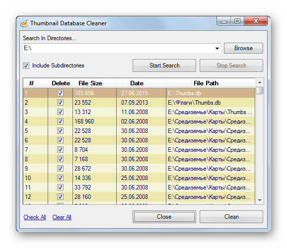 Выдача поиска файловThumbs.db в программе Thumbnail Database Cleaner
