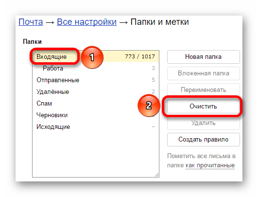 очистка входящих сообщений в яндекс почте