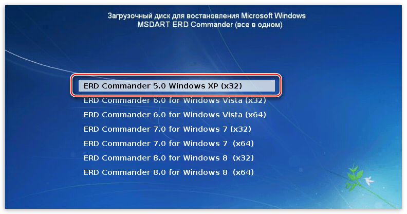 Главное окно программы ERD Commander для сброса пароля учетной записи в операционной системе Windows XP