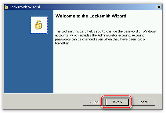Главное окно утилиты Locksmith в программе ERD Commander для сброса пароля учетной записи в операционной системе Windows XP